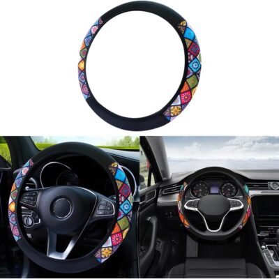 Elastic steering wheel cover, rimless elastic cover, double-layer stretch cover with plaid print, universal non-slip design