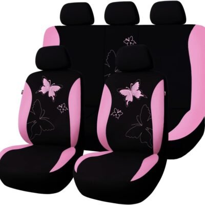 Stylish butterfly pattern complete car seat cover set (pink lace style), universal fit, designed for female drivers, includes split-bench rear seat covers