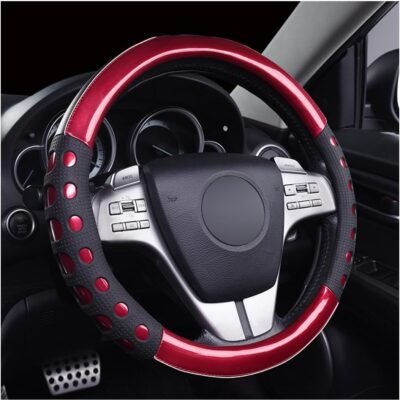 Microfiber leather steering wheel cover, universal 38cm (15-inch) non-slip model, laser-etched brushed texture (Red)
