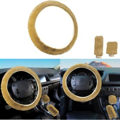 3-piece non-slip set: universal stretch plush steering wheel cover, plus matching handbrake cover
