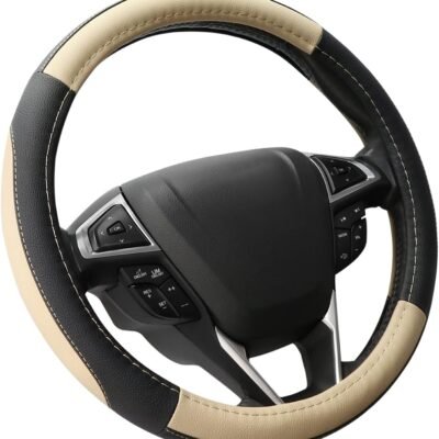 Black and beige microfiber leather steering wheel cover, fits F-150, Tundra, and Land Rover (fits 15.5–16 inch wheels)