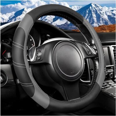 Leather steering wheel cover, non-slip design Elastic-inner-ring style, universal car interior accessory