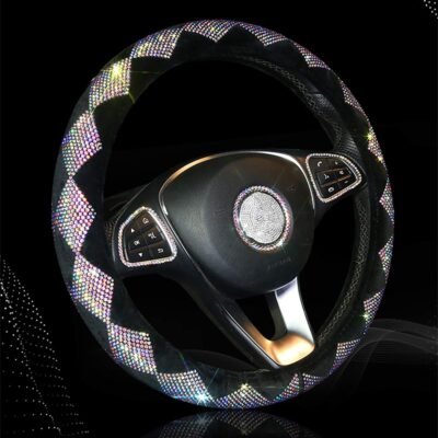 Sparkly rhinestone steering wheel cover (women's style), 14.5–15 inch colorful crystal suede non-slip cover, cute style (black)