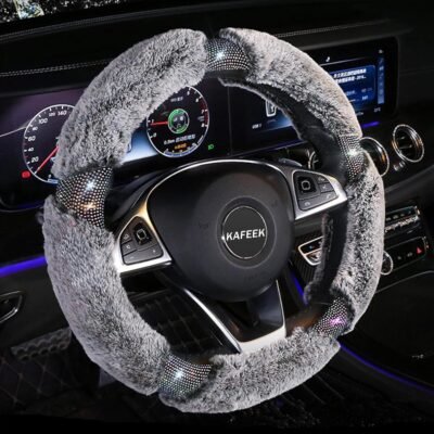 Winter warm plush steering wheel cover, microfiber material with sparkling rhinestones, universal 15-inch size (gray)