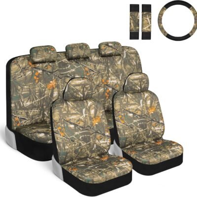 Complete car seat cover set (includes steering wheel cover and seatbelt pads) – Realistic forest camo pattern, fits front seats and rear bench seats of sedans, trucks, and SUVs