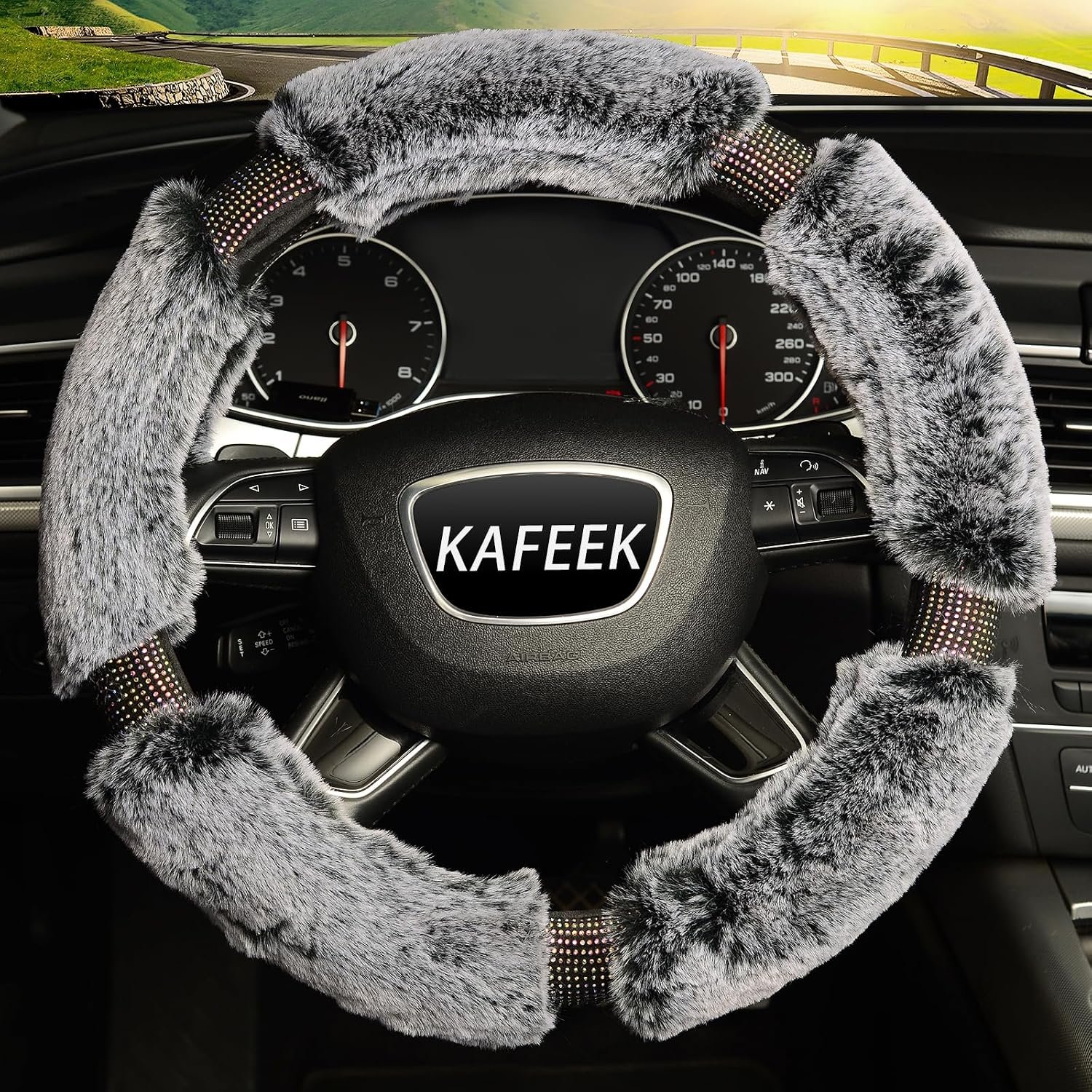 Winter warm plush steering wheel cover, microfiber material with sparkling rhinestones, universal 15-inch size (gray) - Image 2